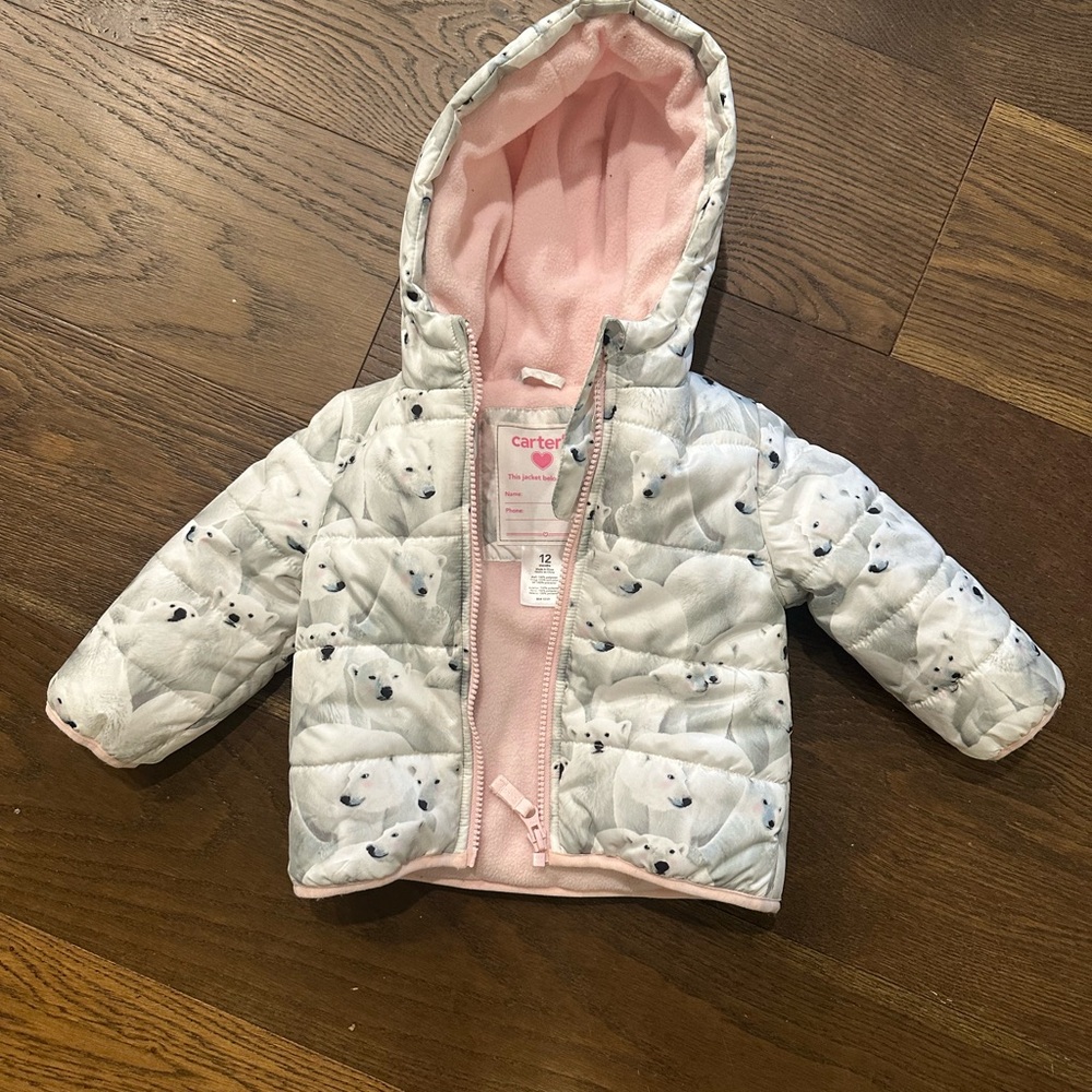 Carter's White and Pink Bear Patterned Hooded Jacket